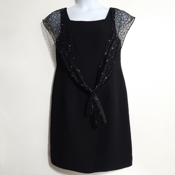 SL Fashions Black Formal Mini Dress w/Attached Scarf 14 GUC - Picture 1 of 11